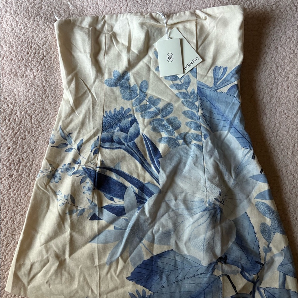 Peppermayo Strapless Dress with Blue Floral on Cream
